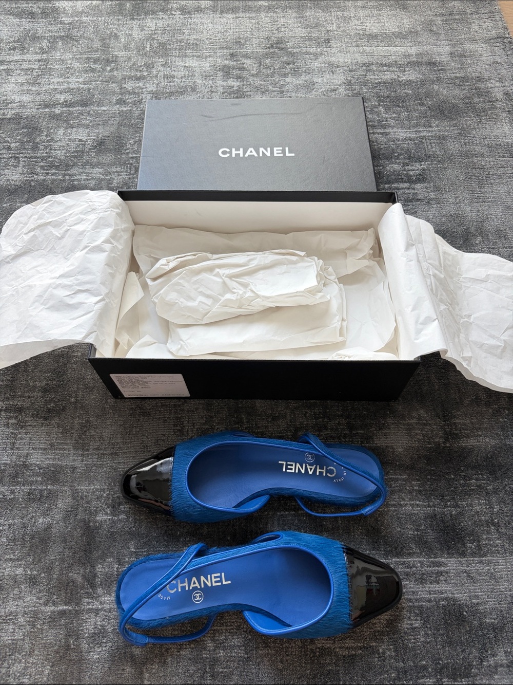 CHANEL Royal Blue Slingback Flats with Black Patent Cap Toe